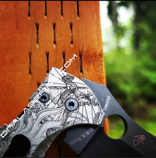 Kraken VS Pirate Ship - Spyderco Yojimbo 2 TI - Deep Laser Engraved - Titanium Scales - EDC Gear - Fully Installed Knife Option