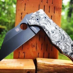 Kraken VS Pirate Ship - Spyderco Yojimbo 2 TI - Deep Laser Engraved - Titanium Scales - EDC Gear - Fully Installed Knife Option