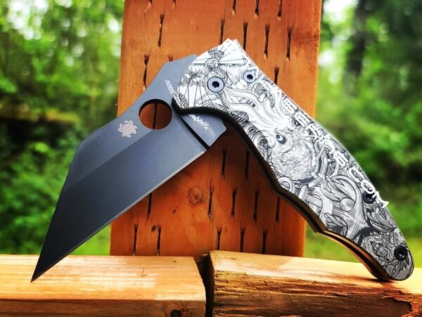 Kraken VS Pirate Ship - Spyderco Yojimbo 2 TI - Deep Laser Engraved - Titanium Scales - EDC Gear - Fully Installed Knife Option