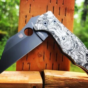 Kraken VS Pirate Ship - Spyderco Yojimbo 2 TI - Deep Laser Engraved - Titanium Scales - EDC Gear - Fully Installed Knife Option