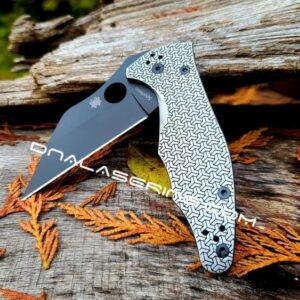 Geometric Pattern - Spyderco Yojimbo 2 - Deep Laser Engraved - Stonewash Titanium Scales - EDC Gear - Fully Installed Knife Option