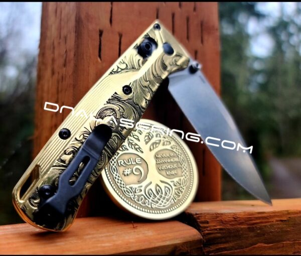 Leaf Scroll - NEW Relief Engraving Style - Benchmade Bugout Crossfade - Deep Laser Engraved - Brass Flytanium *Scales/ knife handle Only*