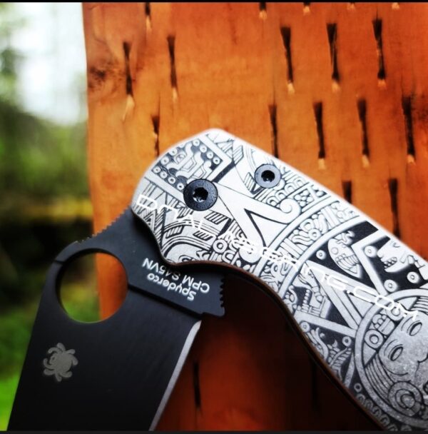 Skull Aztec Calendar - Spyderco PM2 TI - Deep Engraved Titanium PM2 Knife Scales - EDC Gear - Knife & Hardware Optional Flytanium Gear