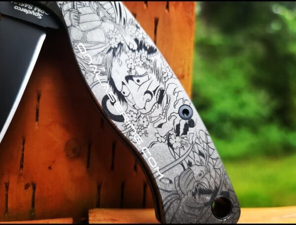 il_fullxfull.3977847134_hrof-1.jpg Japanese Samurai Design - Spyderco PM2 TI - Deep Engraved Titanium PM2 Knife Scales - EDC Gear - Knife & Hardware Optional Flytanium Gear