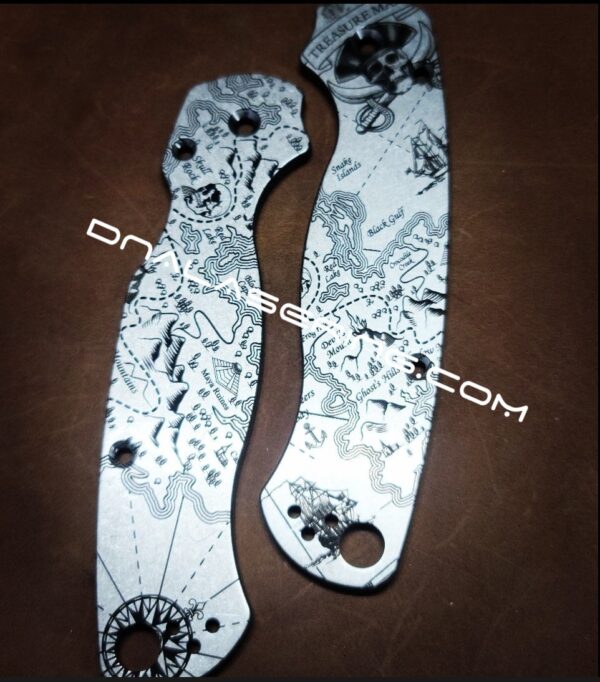 Treasure Map - Pirates - Spyderco PM2 TI - Fiber Laser Deep Engraved - Titanium Knife Scales - Flytanium Gear - Knife & Hardware Optional