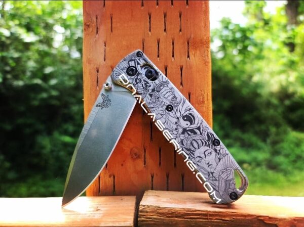Yin-Yang - Ancient Samurai & Geisha - Benchmade Bugout - Deep Laser Engraved Titanium Knife Scales - EDC Gear *Scales/handles Only*