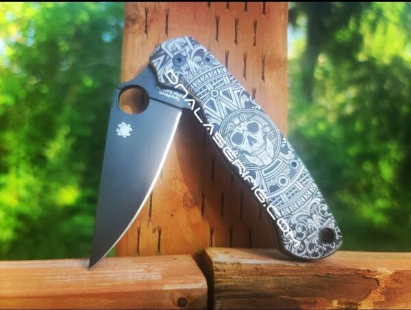 Skull Aztec Calendar - Spyderco PM2 TI - Deep Engraved Titanium PM2 Knife Scales - EDC Gear - Knife & Hardware Optional Flytanium Gear