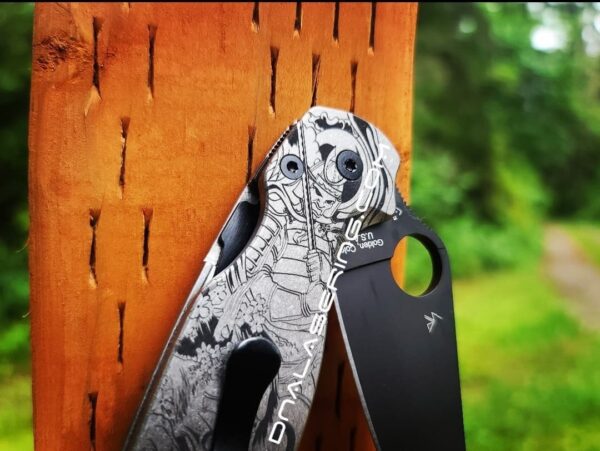 il_fullxfull.4025501885_5vis-1.jpg Japanese Samurai Design - Spyderco PM2 TI - Deep Engraved Titanium PM2 Knife Scales - EDC Gear - Knife & Hardware Optional Flytanium Gear