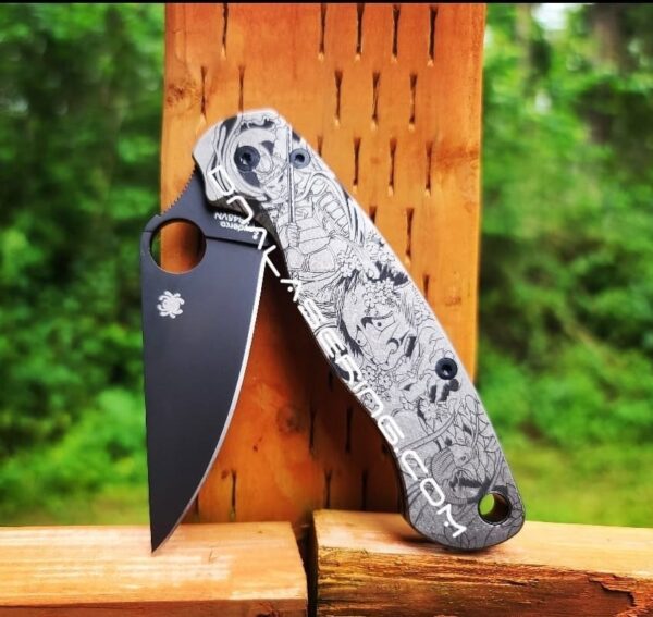 il_fullxfull.4025503537_40iv-1.jpg Japanese Samurai Design - Spyderco PM2 TI - Deep Engraved Titanium PM2 Knife Scales - EDC Gear - Knife & Hardware Optional Flytanium Gear