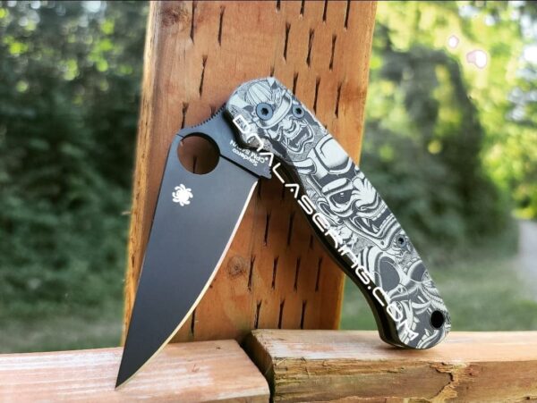il_fullxfull.4037680830_b2x5-1.jpg Spyderco PM2 TI - Triple Masks of the Samurai - Deep Engraved Titanium PM2 Knife Scales - EDC Gear - Knife & Hardware Optional