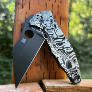 Triple Masks of the Samurai - Spyderco Yojimbo 2 TI - Deep Laser Engraved - Titanium Scales - EDC Gear - Fully Installed Knife Option