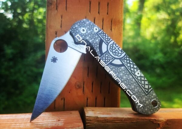 Celtic Cross - Spyderco PM2 - Fiber Laser Deep Engraved - Titanium Knife Scales - EDC Gear - Knife & Hardware Optional Flytanium Gear