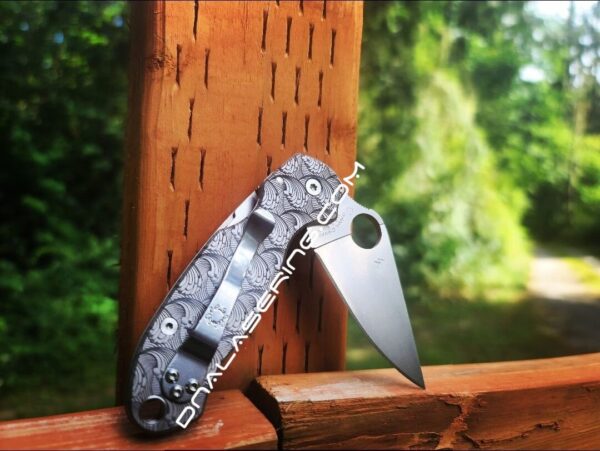 il_fullxfull.4060178108_kd44-1.jpg Dimensional Waves - Spyderco PM3 TI - Deep Laser Engraved Titanium PM3 Knife Scales - EDC Gear - Hardware & Knife Install Options