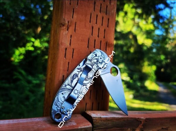 Leaf Scroll - Spyderco PM3 TI - NEW Relief Engraving Style - Deep Laser Engraved - Titanium Knife Scales - EDC Gear - Knife Install Optional