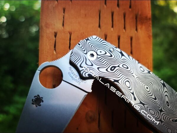 il_fullxfull.4078580922_9mf7-1.jpg Damascus Pattern - Spyderco PM3 TI - Deep Laser Engraved Titanium PM3 Knife Scales - EDC Gear - Hardware & Knife Install Options