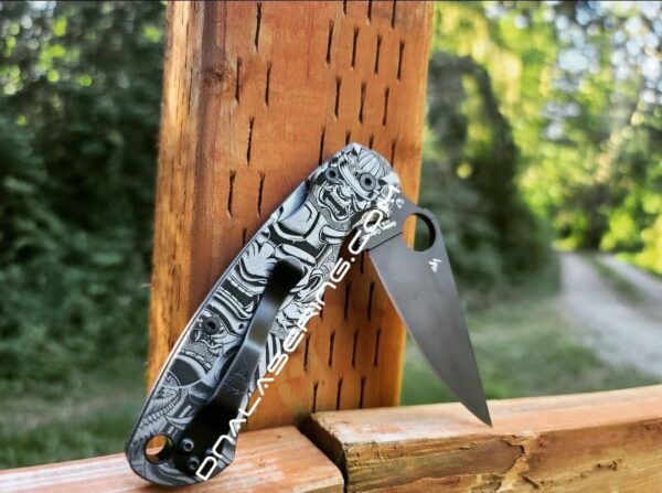 il_fullxfull.4085326799_d5sq-1.jpg Spyderco PM2 TI - Triple Masks of the Samurai - Deep Engraved Titanium PM2 Knife Scales - EDC Gear - Knife & Hardware Optional