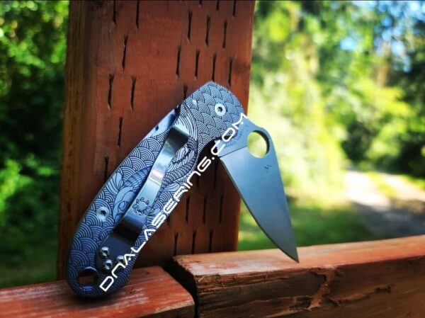 Koi - Japanese Waves - Spyderco PM3 TI - Fiber Laser Deep Engraved - Titanium Knife Scales - Flytanium - Knife & Hardware Optional