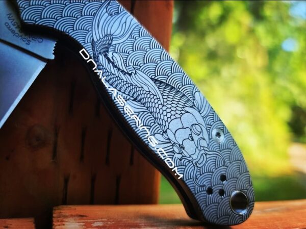 Koi - Japanese Waves - Spyderco PM3 TI - Fiber Laser Deep Engraved - Titanium Knife Scales - Flytanium - Knife & Hardware Optional