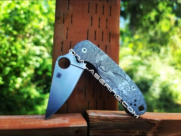 Koi - Japanese Waves - Spyderco PM3 TI - Fiber Laser Deep Engraved - Titanium Knife Scales - Flytanium - Knife & Hardware Optional