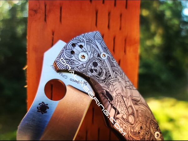 il_fullxfull.4126194680_49o2-1.jpg Japanese Warrior - Samurai Skulls - Spyderco Yojimbo 2 - Deep Laser Engraved - Titanium Scales - EDC Gear - Fully Installed Knife Option
