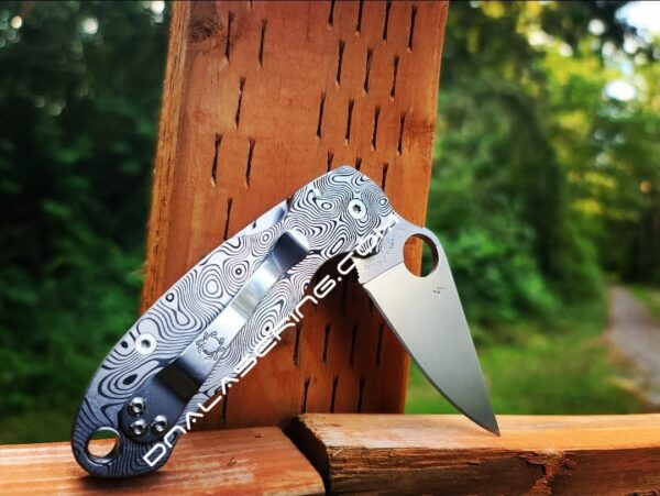 il_fullxfull.4126228837_bnci-1.jpg Damascus Pattern - Spyderco PM3 TI - Deep Laser Engraved Titanium PM3 Knife Scales - EDC Gear - Hardware & Knife Install Options