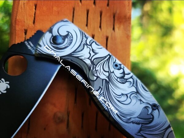 Detailed Leaf Scroll - Spyderco Tenacious - Deep Fiber Laser Engraved Titanium Scales - Flytanium  Gear *Scales Only*