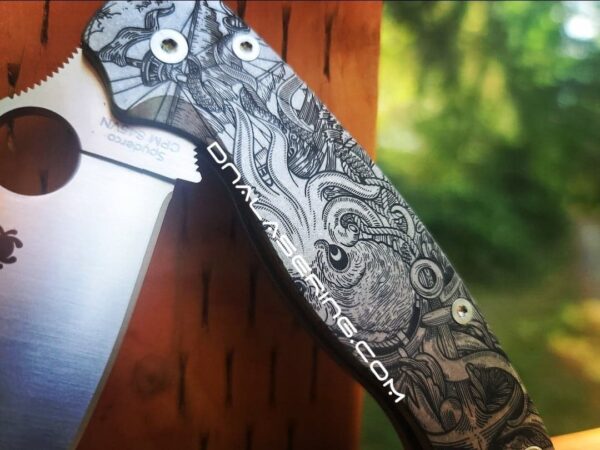 Kraken VS Pirate Ship - Spyderco PM2 - Engraved PM2 Titanium Knife Scales - Paramilitary 2 EDC - Knife & Hardware Optional Flytanium Gear