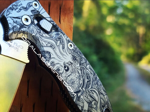 Kraken VS Pirate Ship - Spyderco Manix 2 - Deep Laser Engraved - Titanium Knife Scales - Flytanium Gear *Knife Install Optional*