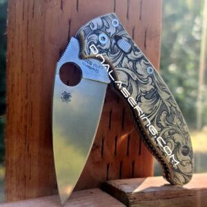 Leaf Scroll - Spyderco Manix 2 - Deep Laser Engraved - Antique Stonewash Brass Scales - EDC gear *Knife Install Optional* Flytanium Gear