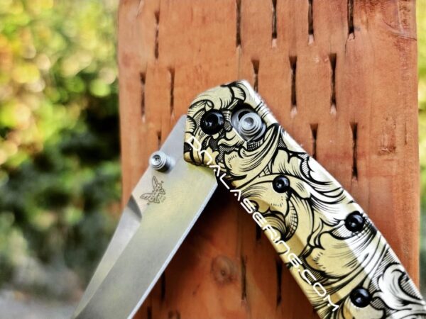 Leaf Scroll – Benchmade 945 MINI Osborne – Deep Laser Engraved Brass Scales – EDC Gear *Scales Only*