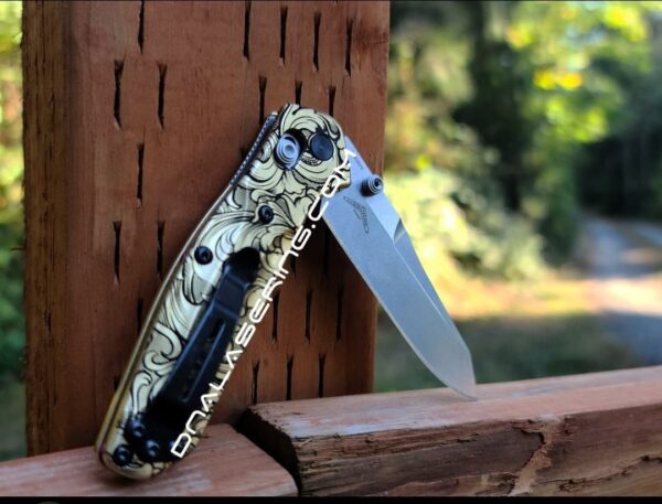 Leaf Scroll – Benchmade 945 MINI Osborne – Deep Laser Engraved Brass Scales – EDC Gear *Scales Only*