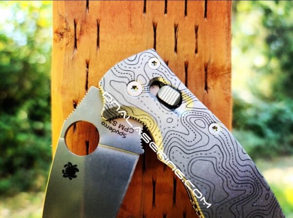 il_fullxfull.4262590827_6oh8.jpg Topographic Map - Spyderco Manix 2 - Deep Fiber Laser Engraved Titanium Scales - Flytanium Gear *Knife Install Optional*