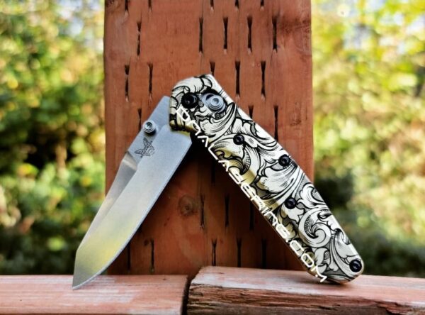 Leaf Scroll – Benchmade 945 MINI Osborne – Deep Laser Engraved Brass Scales – EDC Gear *Scales Only*