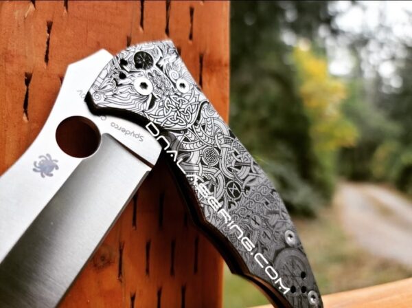 il_fullxfull.4271678288_o73z.jpg Viking Runes - Norse - Celtic - Spyderco Yojimbo 2 - Deep Laser Engraved - Titanium Scales - EDC Gear - Fully Installed Knife Option