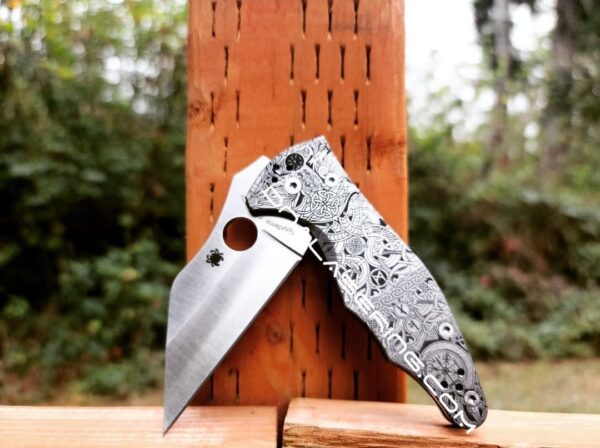 il_fullxfull.4271678902_47hj.jpg Viking Runes - Norse - Celtic - Spyderco Yojimbo 2 - Deep Laser Engraved - Titanium Scales - EDC Gear - Fully Installed Knife Option