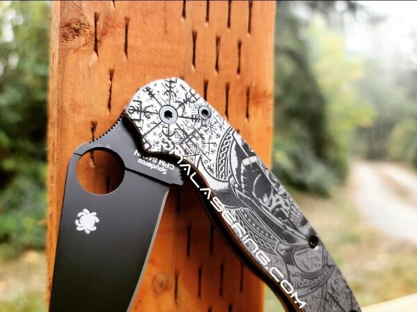 Viking Skull - Runes - Spyderco PM2 TI - Fiber Laser Deep Engraved - PM2 Titanium Knife Scales - Flytanium Gear - Knife & Hardware Optional
