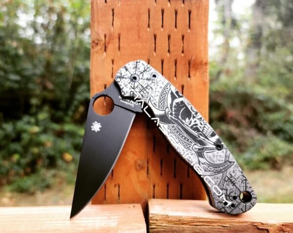 Viking Skull - Runes - Spyderco PM2 TI - Fiber Laser Deep Engraved - PM2 Titanium Knife Scales - Flytanium Gear - Knife & Hardware Optional