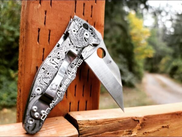 il_fullxfull.4319073275_mv69.jpg Viking Runes - Norse - Celtic - Spyderco Yojimbo 2 - Deep Laser Engraved - Titanium Scales - EDC Gear - Fully Installed Knife Option
