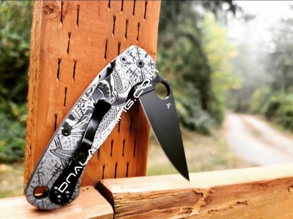 Viking Skull - Runes - Spyderco PM2 TI - Fiber Laser Deep Engraved - PM2 Titanium Knife Scales - Flytanium Gear - Knife & Hardware Optional