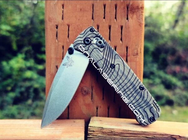 Topographic Map - MINI Benchmade Bugout Crossfade - Laser Engraved - Green Linen Micarta Knife Scales -Flytanium *Scales/ knife handles Only