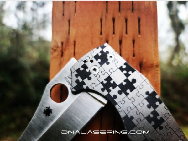 il_fullxfull.4491490875_klrf.jpg Jigsaw Puzzle Pieces - Spyderco YoJumbo - Deep Laser Engraved - Titanium Scales - EDC Gear *Scales/Handles Only*