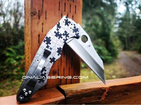 il_fullxfull.4491491093_7hqk.jpg Jigsaw Puzzle Pieces - Spyderco YoJumbo - Deep Laser Engraved - Titanium Scales - EDC Gear *Scales/Handles Only*