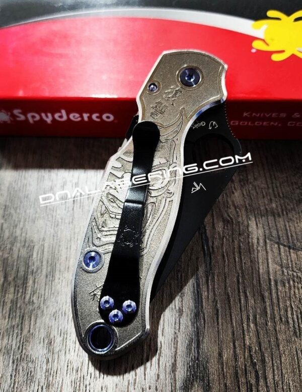 il_fullxfull.4625010498_m98i-1.jpg Japanese Devil Mask - Spyderco PM3 TI - NEW Relief Engraving Style - Laser Engraved - Titanium Scales - EDC Gear - Knife Install Optional