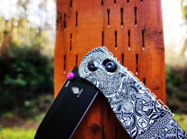 Viking Runes - Celtic Knots - Fiber Laser Engraved - Kizer Drop Bear - EDC - COMPLETE KNIFE!