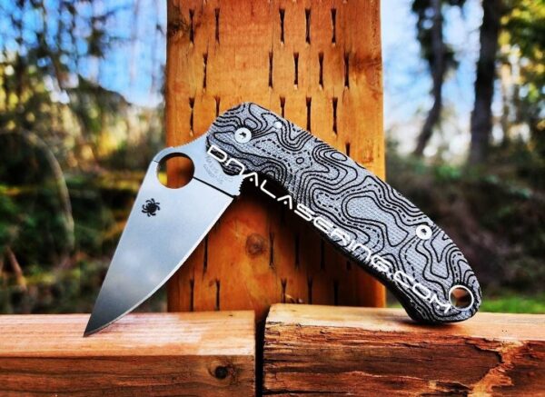 Topographic - Spyderco PM3 Lotus - Engraved Black Linen Micarta Knife Scales - Flytanium Gear - Knife & Hardware Optional