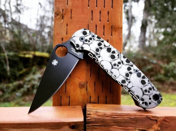 Skulls - Spyderco PM2 TI - Fiber Laser Deep Engraved - PM2 Titanium Knife Scales  - EDC Gear - Knife & Hardware Optional Flytanium Gear