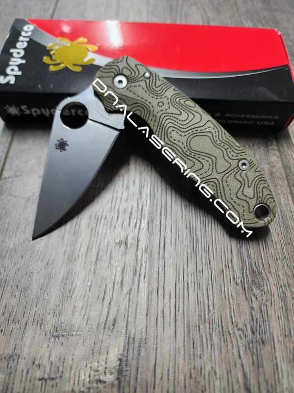 Topographic Map - Spyderco PM3 Lotus - Engraved OD Green G10 Knife Scales - Flytanium Gear - Knife & Hardware Optional