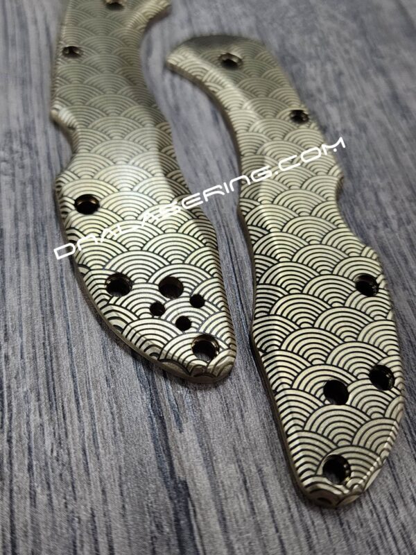 Seigaiha Japanese Waves - Spyderco Delica - Deep Laser Engraved Brass Scales - Flytanium Gear - Optional Knife Install