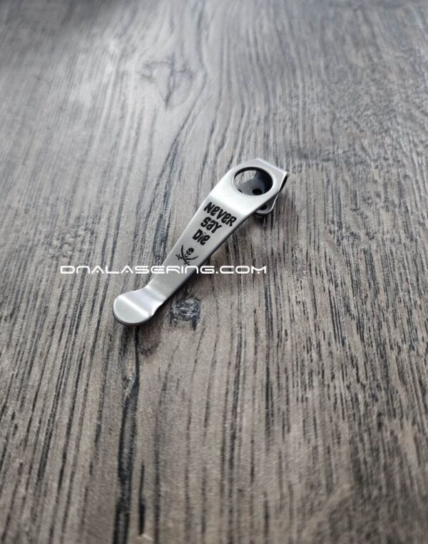 il_fullxfull.4950081896_la7e.jpg LynchNW Spyderco - Never Say Die - Goonies - Laser Engraved Titanium - Deep Carry Pocket knife Clip - Blacksmith, Satin or Sandwashed Finish