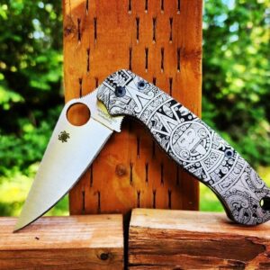 il_fullxfull.4956233198_p6oc-1.jpg Aztec design - Spyderco PM2 TI -Fiber Laser Deep Engraved - Titanium Knife Scales - Flytanium Gear - Knife & Hardware Optional